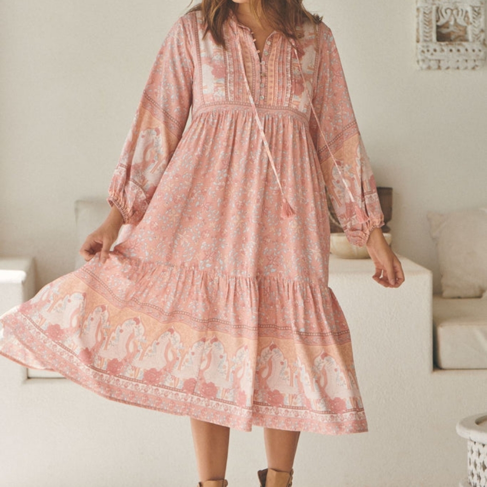 Jaase Swan Lake Ezra Midi Dress sz Medium BNWT Peony pink peachy boho Swans gown - Picture 3 of 9